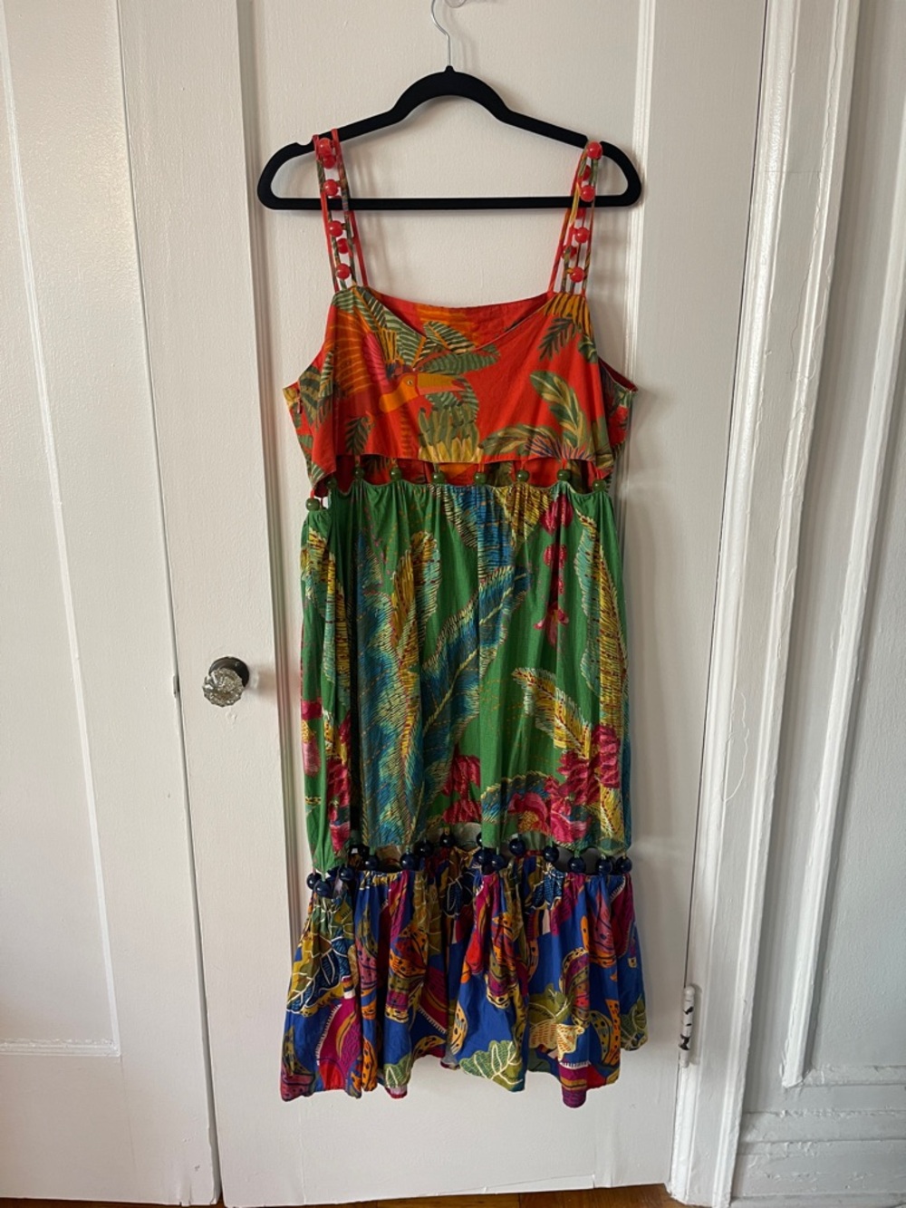 FARM Rio Colorful Mixed-Print Tiered Beased Midi Dress in Red, Green & Blue - Picture 14 of 16
